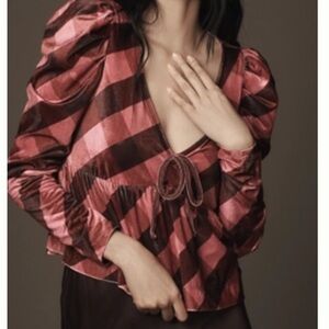 NWT Anthropologie Maeve Checkered Pink Shirt with Puff Sleeves Size S